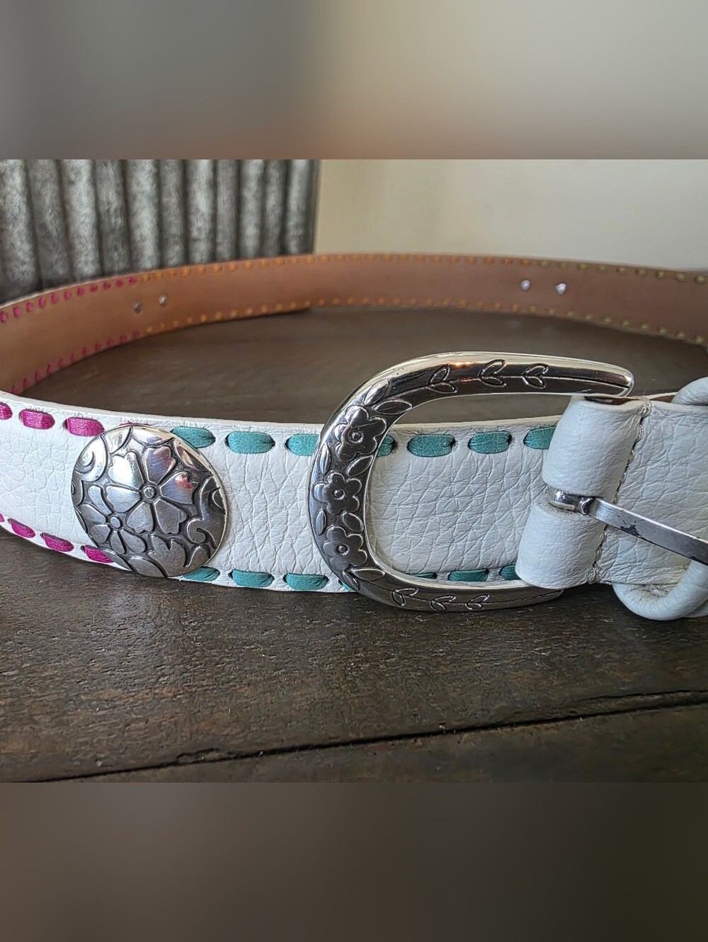 Brighton White Leather Whipstitched Floral Concho Belt Size 38 Boho Western - Picture 9 of 9
